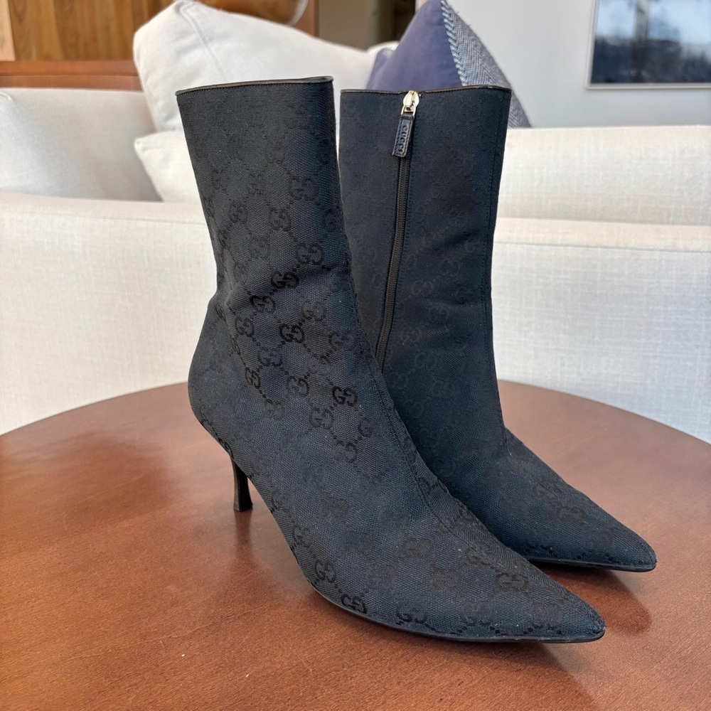 Authentic Vintage Gucci GG Monogram Canvas Pointed Toe Ankle Boots, Size 37. 1/2